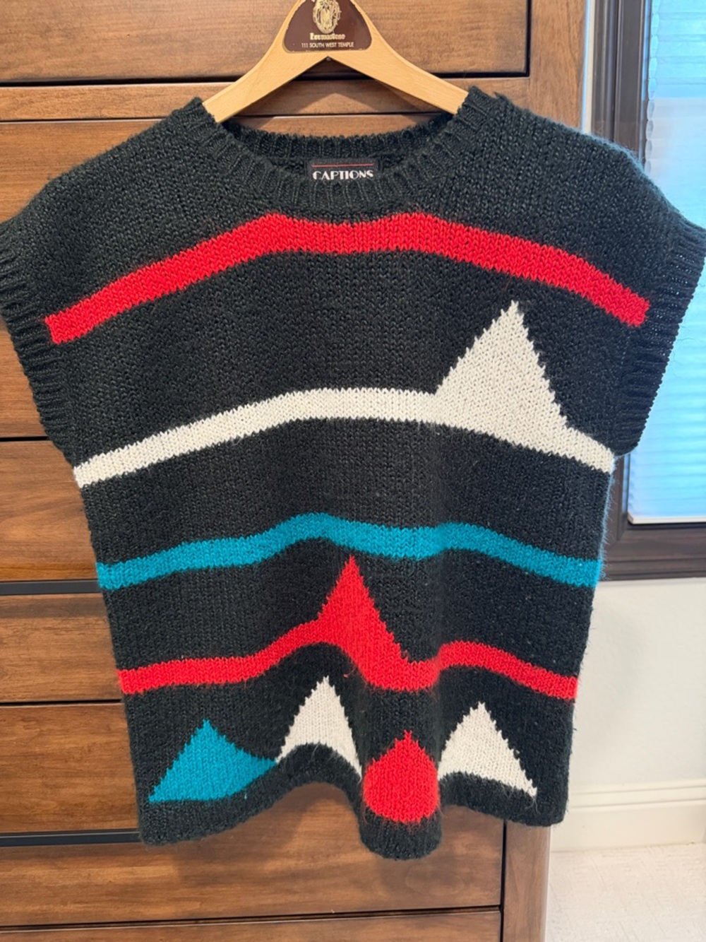 Captions Black Knit Geometric Stripe Sweater Vest - Black/Red/Teal/White vintage